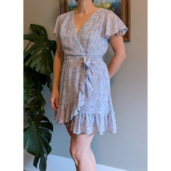 Wild Jasmine Dresses & Skirts - Pastel Floral Dress Fairy Coquette Twee Flutter Sleeve Purple Medium Faux Wrap